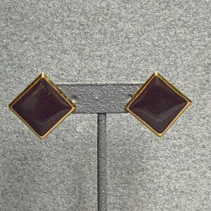 Diamond Square Pierced Earrings 1 In As Is Gold Dark Purple Enamel Retro Classic